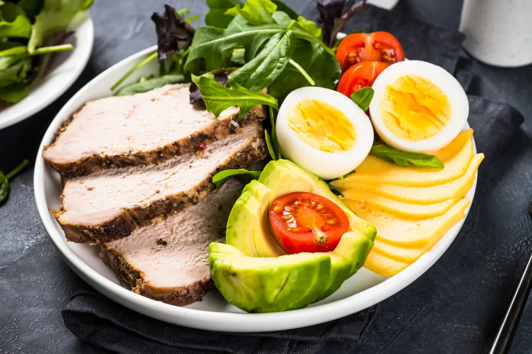 Plato con lonchas de pavo, huevo cocido, aguacate y tomate