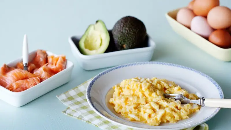 Desayuno con huevos, aguacate y salmón