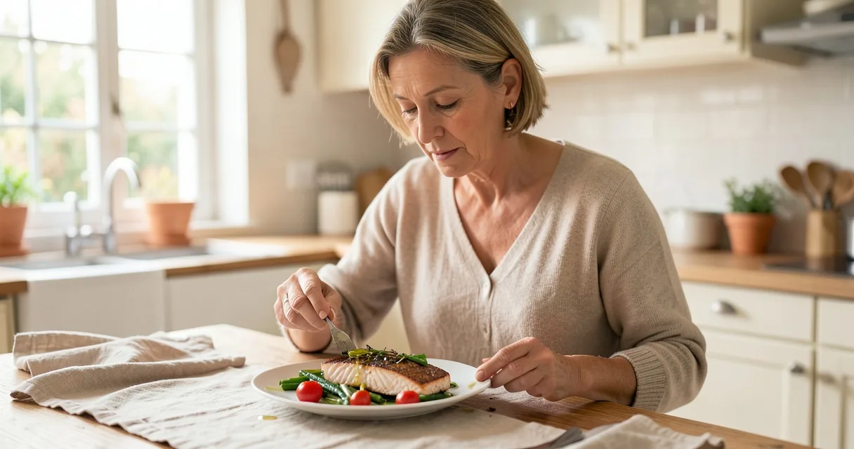 Mujer de unos 50 años comiendo un plato de salmón con judías verdes y tomates cherry en una cocina luminosa