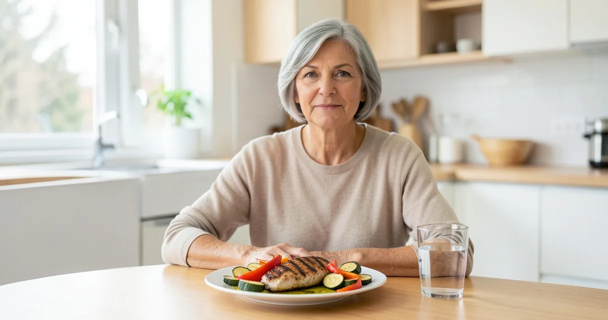 Mujer de unos 55 años sentada a la mesa de la cocina con un plato de pollo a la plancha y verduras asadas