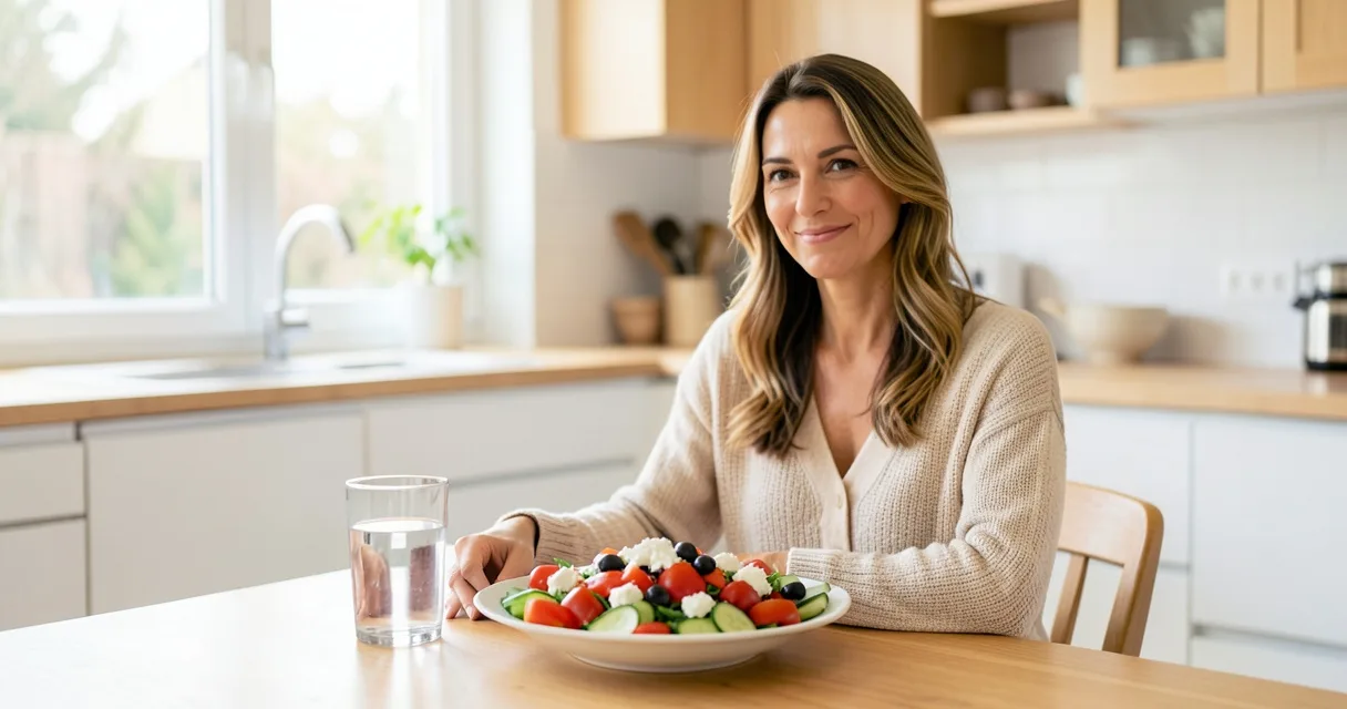 Mujer de unos 38 años con una ensalada mediterránea de tomate, pepino, aceitunas y feta