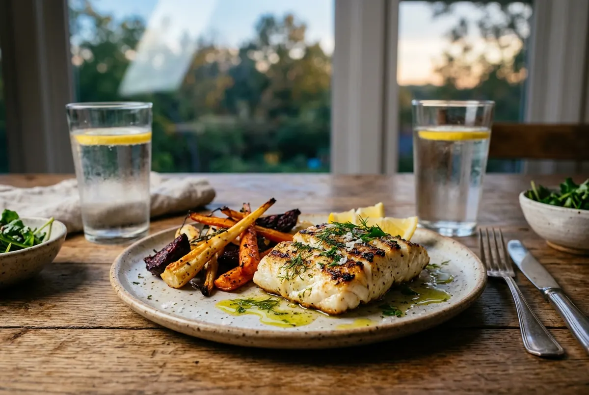 Cena temprana y ligera de pescado blanco con verduras asadas a la luz de la tarde