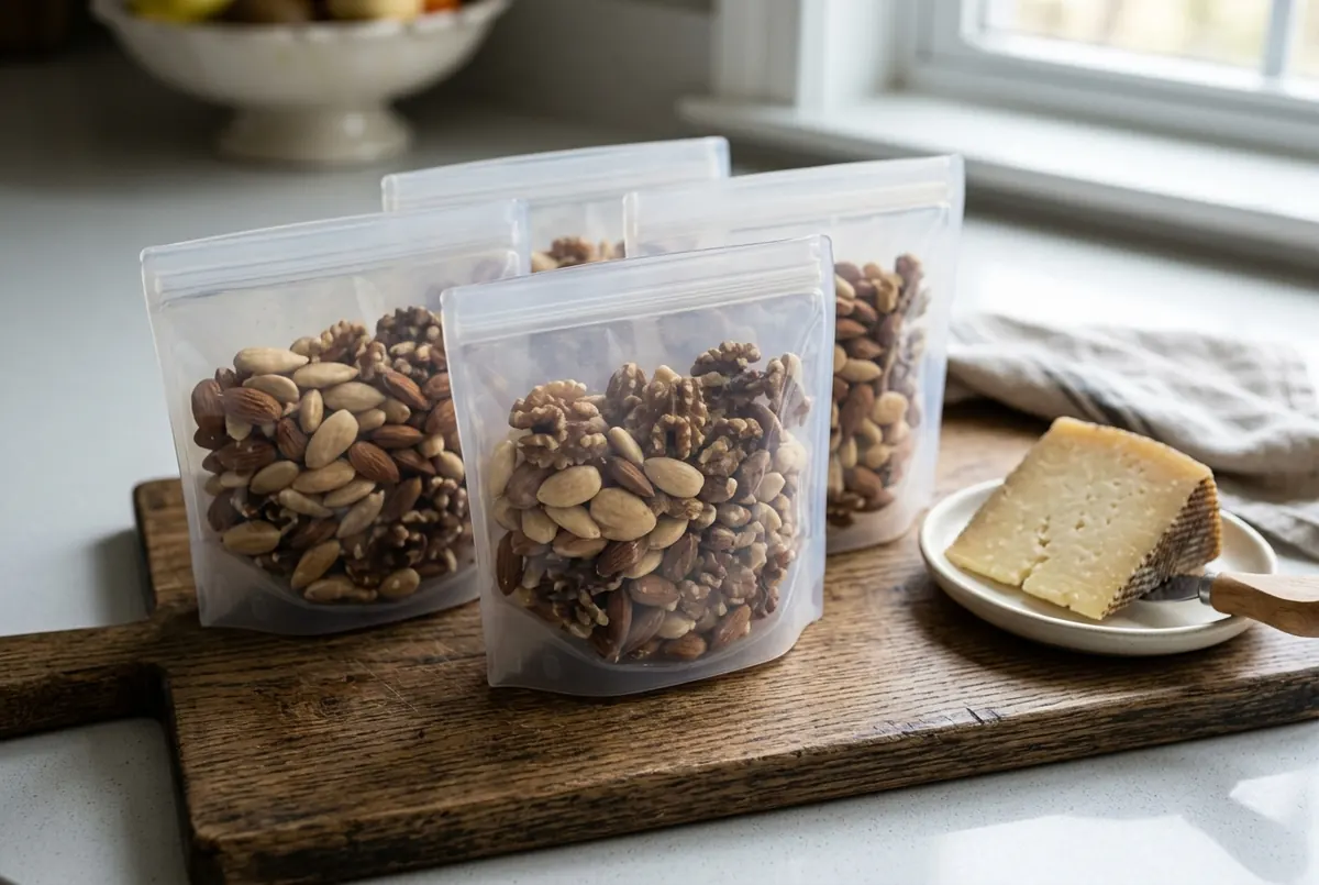 Bolsitas con la ración diaria de almendras y nueces junto a un trozo de queso curado