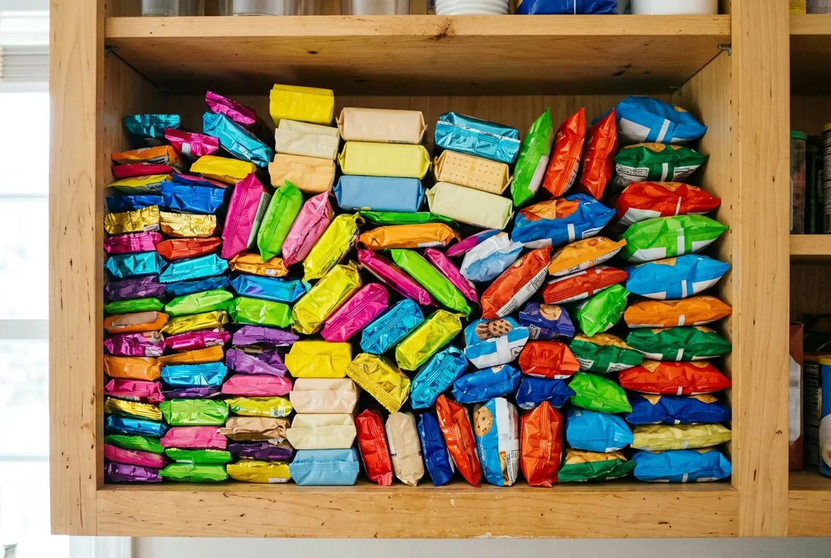 Armario lleno de barritas, galletas y paquetes de picoteo envasados