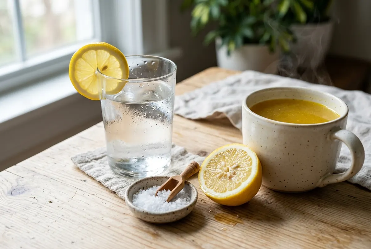 Vaso de agua con limón, un cuenco de sal gorda y una taza de caldo