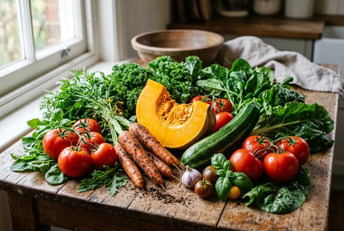 Zanahorias, calabaza, tomates, calabacín y hojas verdes sobre una mesa de madera