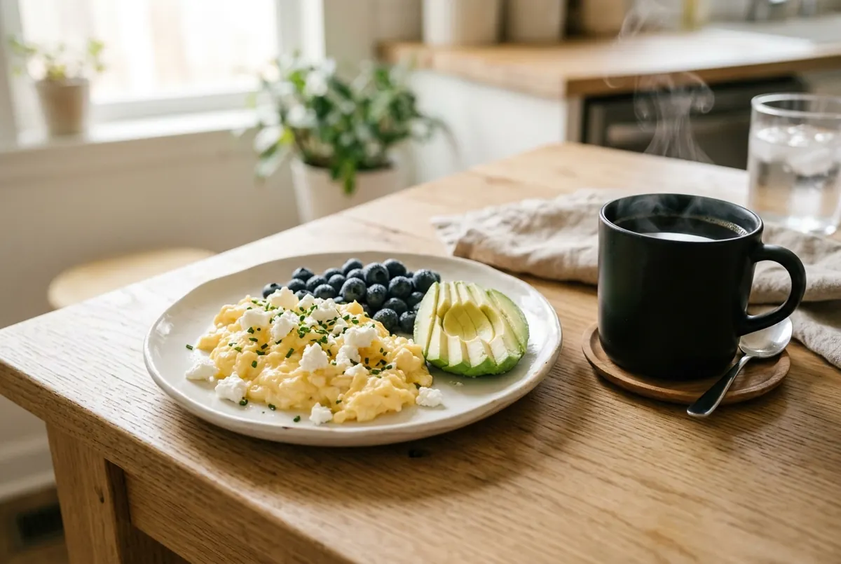 Desayuno en plato pequeño con huevos revueltos con queso fresco, arándanos y un cuarto de aguacate, junto a un café