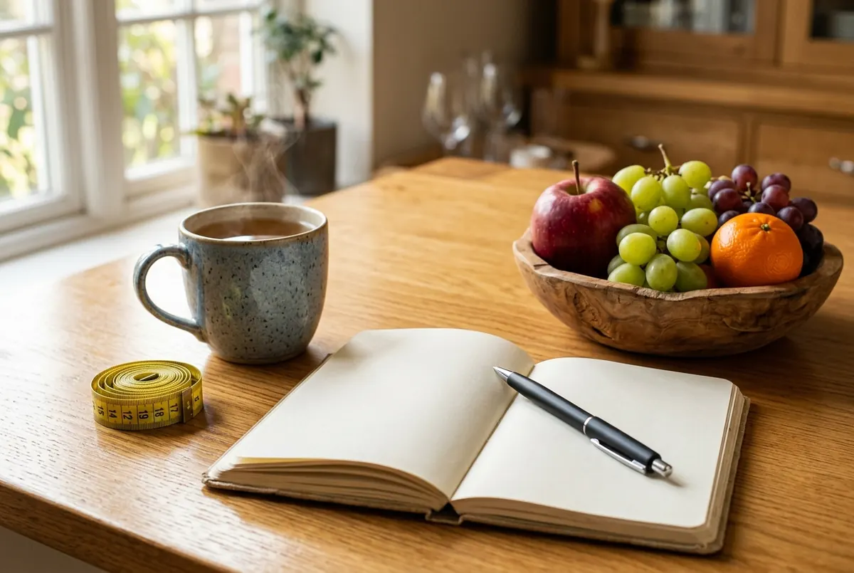 Libreta en blanco con un bolígrafo, una taza de infusión, una cinta métrica y un frutero en la mesa