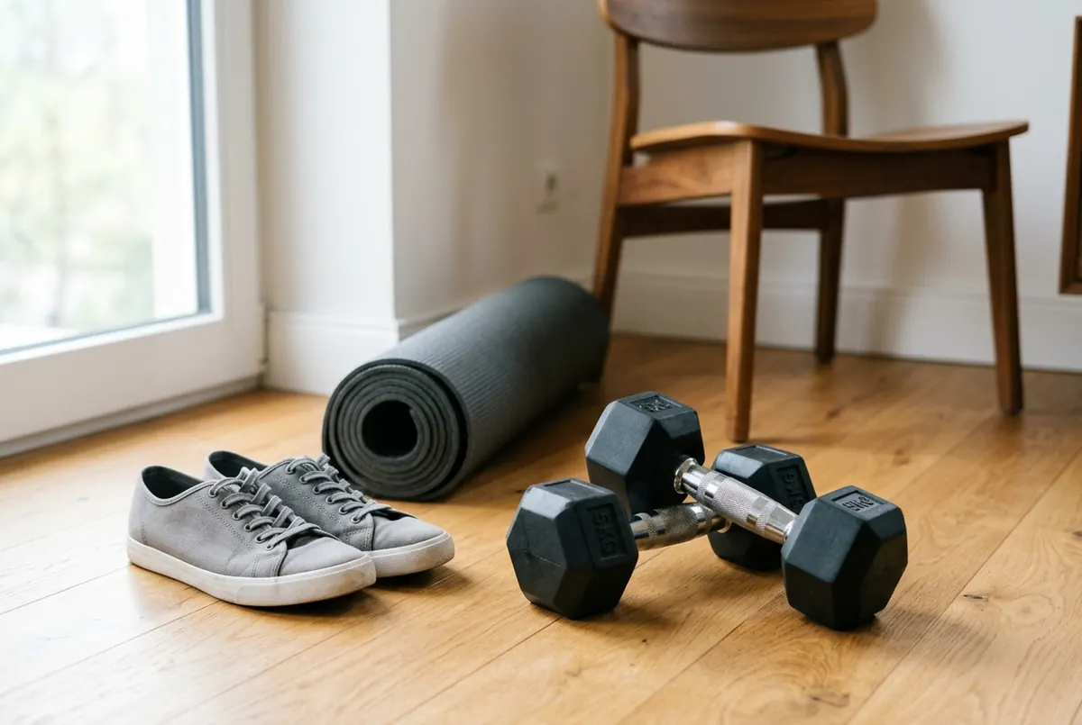 Mancuernas, zapatillas y una esterilla enrollada en el suelo de casa junto a una silla