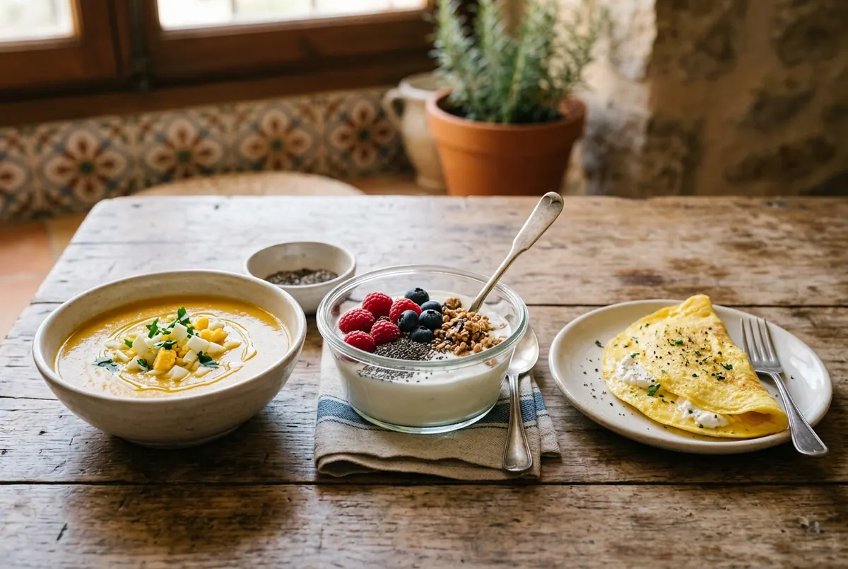 Tres platos comodín, crema de verduras con huevo, yogur griego con frutos rojos y semillas y tortilla francesa con queso fresco