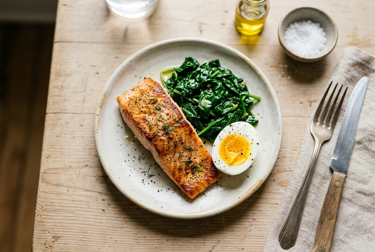 Plato de postre con salmón a la plancha, espinacas salteadas con aceite de oliva y medio huevo cocido