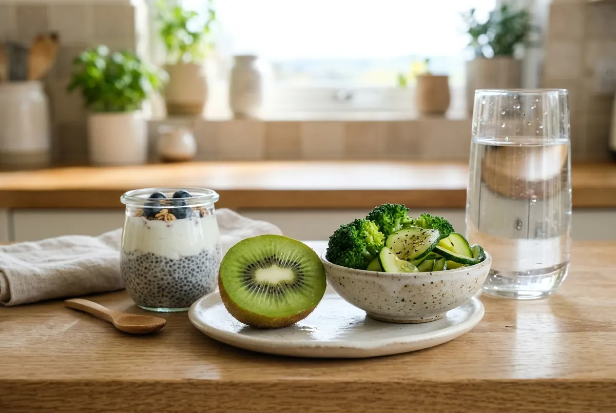Kiwi abierto, yogur con chía remojada, brócoli al vapor y un vaso de agua en la encimera