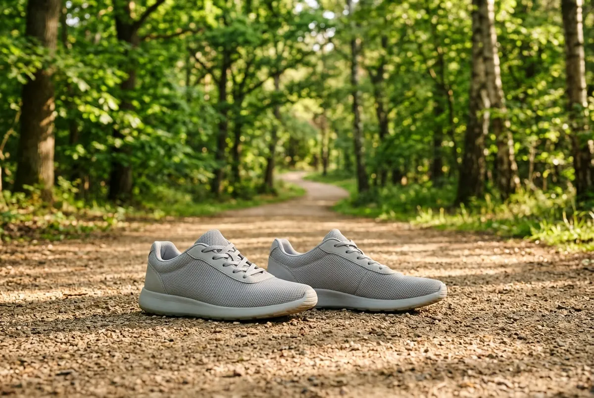 Zapatillas de caminar sobre un sendero de un parque con árboles por la mañana