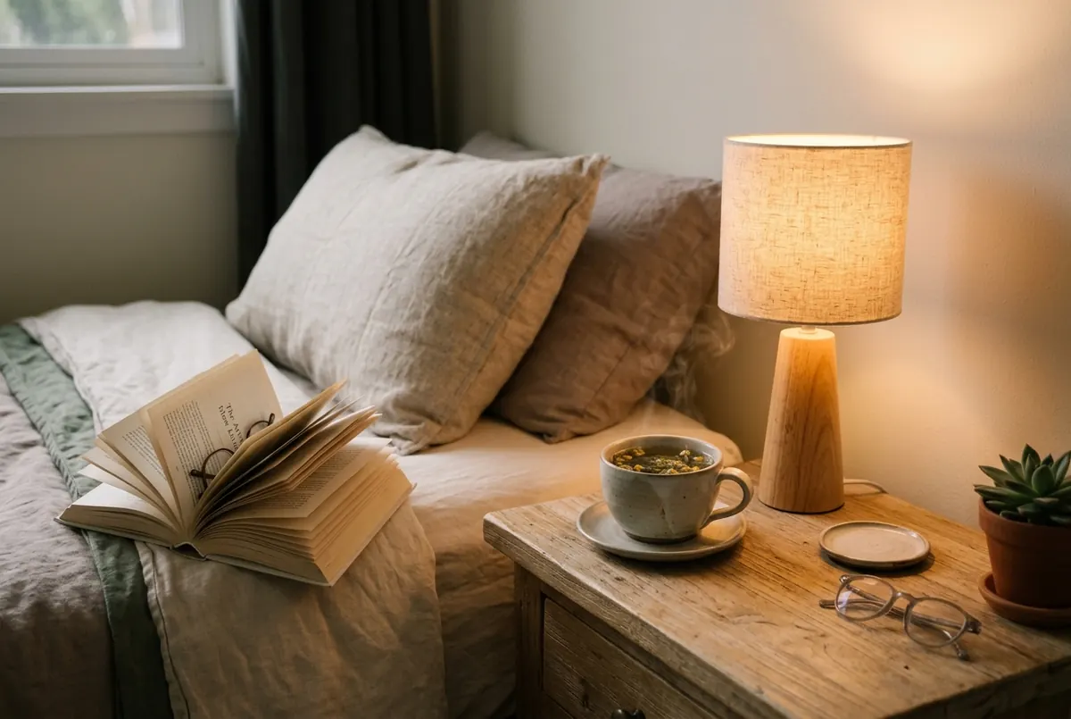 Mesilla de noche con una infusión, una lámpara encendida y un libro abierto sobre la cama