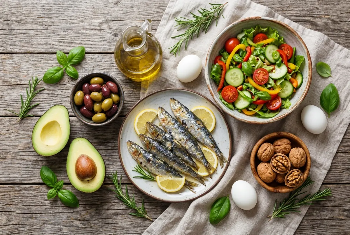 Plato de comida keto mediterránea en una mesa de cocina luminosa