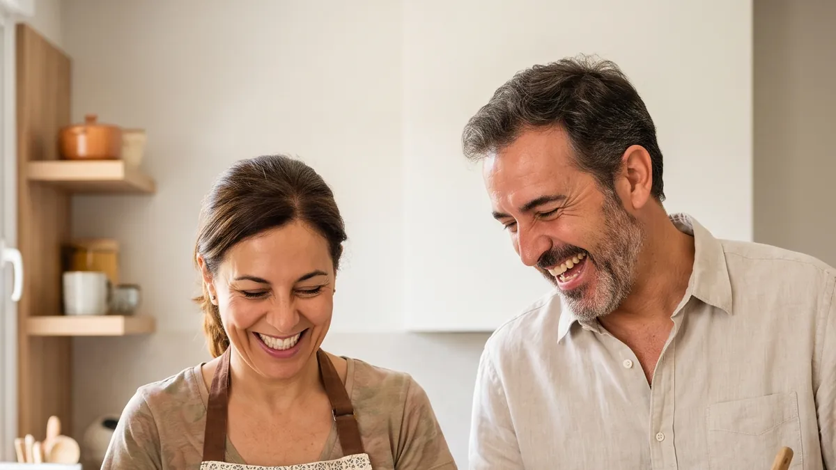 Pareja feliz cocinando un plato keto mediterráneo en casa