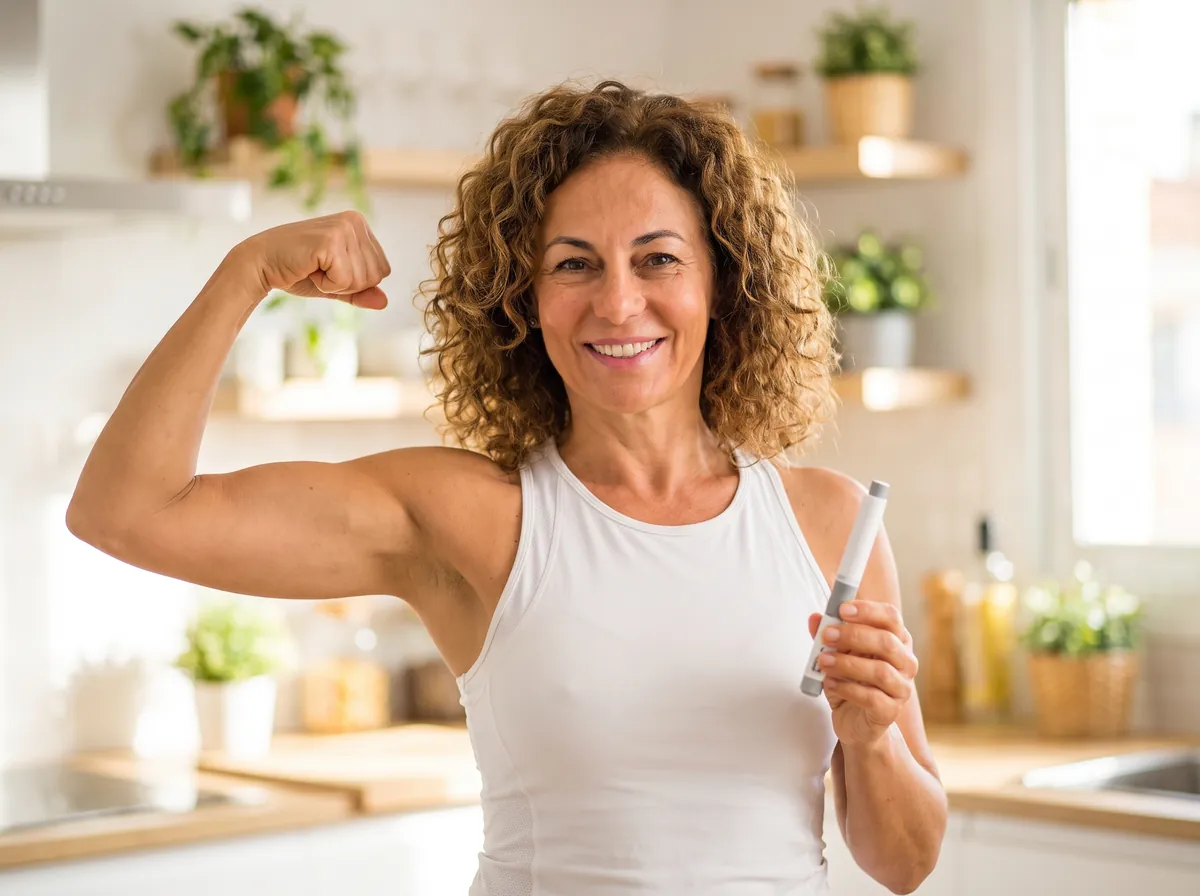 Mujer feliz con una pluma de tratamiento GLP-1 mostrando el músculo del brazo
