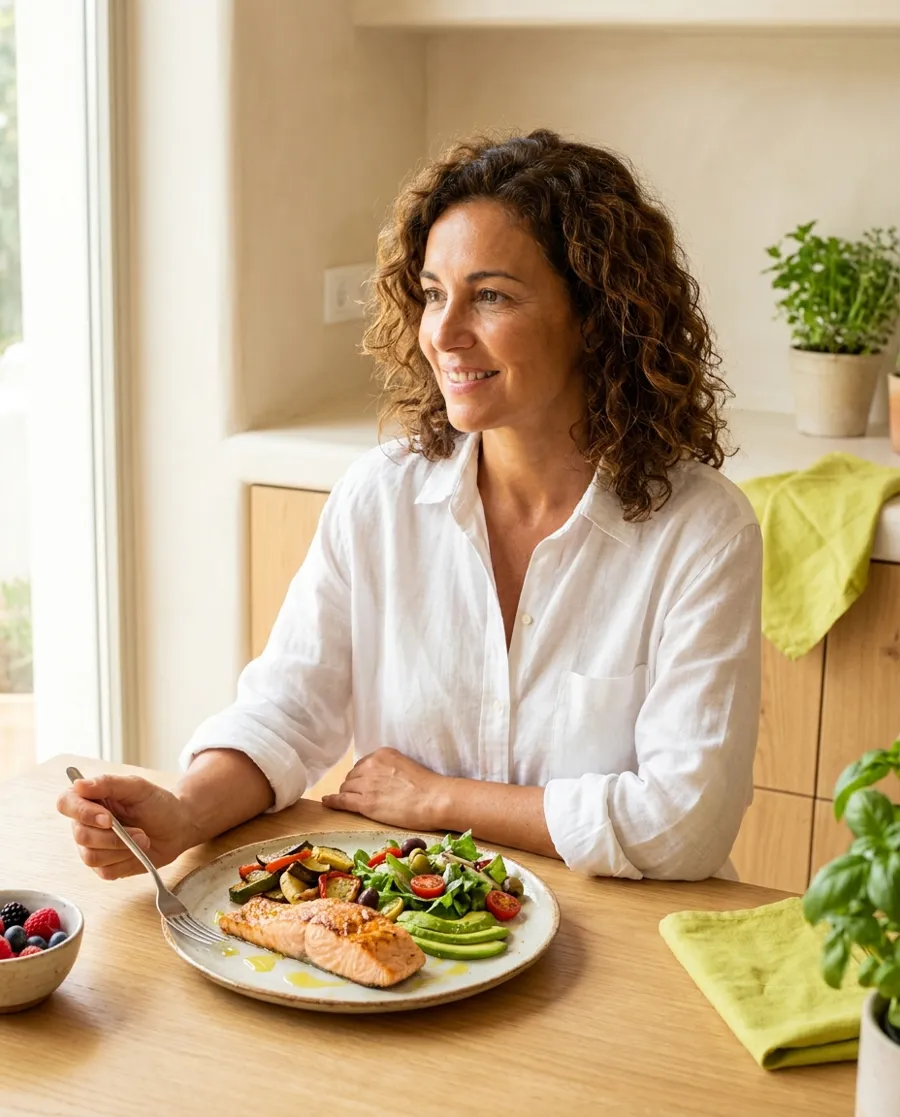 Mujer sonriente comiendo un plato de salmón con verduras, ensalada y aguacate